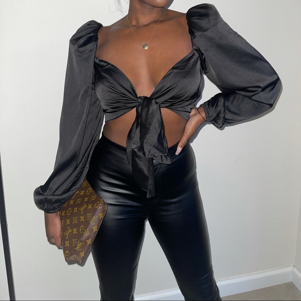 Satin Puff Sleeve Tie Crop